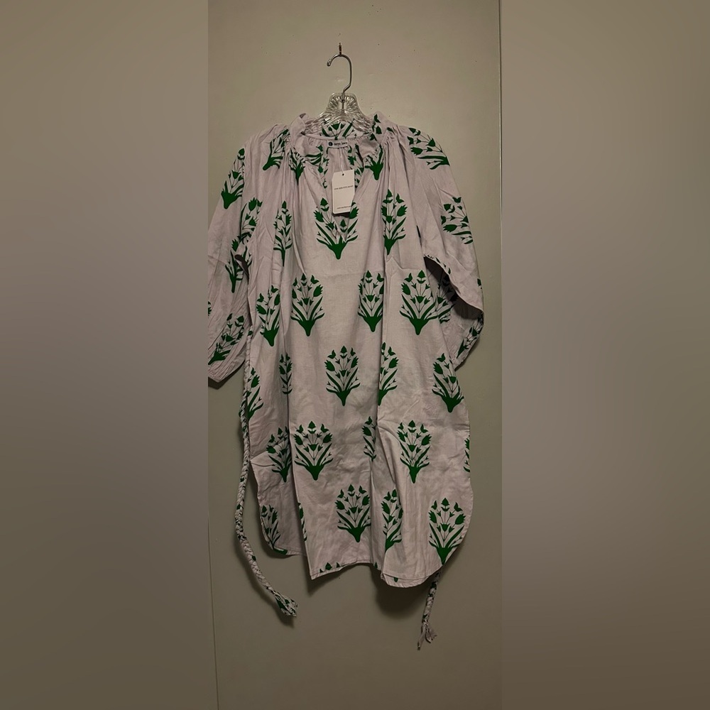 Tuckernuck Caryn Lawn Pippi Mini Dress White Green Print Belted Puff Sleeve OS - Picture 3 of 6